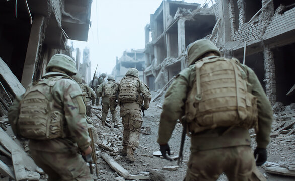 Soldiers in combat gear navigating through a war-torn, ruined urban landscape, highlighting themes of warfare and resilience.