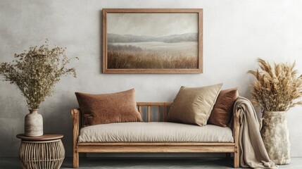 Empty frame mockup above a rustic couch, with dried flowers on a side table. Earth tones and simplicity in the decor.