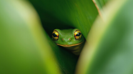 Obraz premium Close-up of a frog peeking through green leaves with bright yellow eyes, blending into its natural environment. 