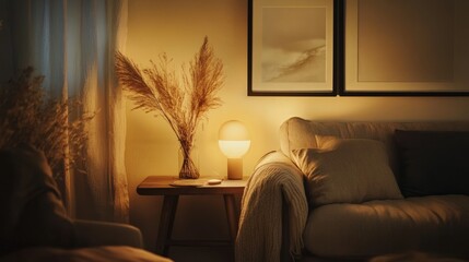 Interior wall with a frame mockup, sofa, and dried flowers on a wooden table. Warm lighting creates a peaceful atmosphere.