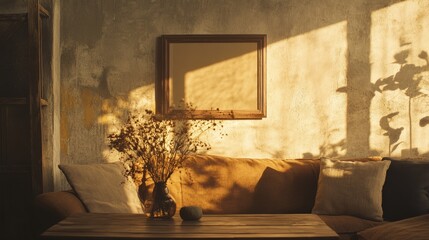 Interior wall with a frame mockup, sofa, and dried flowers on a wooden table. Warm lighting creates a peaceful atmosphere.