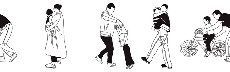 Hand-drawn doodle family border. Outline family clipart. Hand-drawn black art.