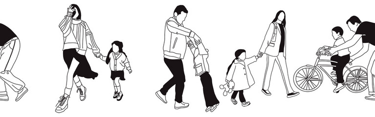 Hand-drawn doodle family border. Outline family clipart. Hand-drawn black art.