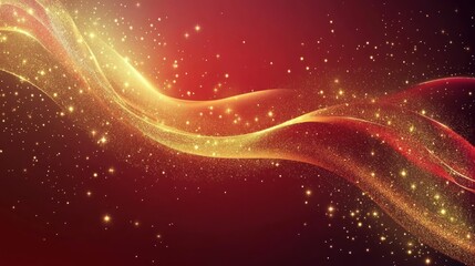 Obraz premium Abstract red background with a golden wavy line and sparkling particles.