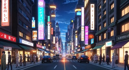 Obraz premium Urban anime cityscape bustling streets glowing lights city vibe
