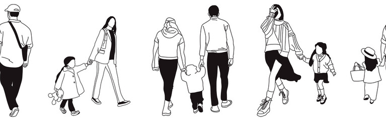 Hand-drawn doodle family border. Outline family clipart. Hand-drawn black art.
