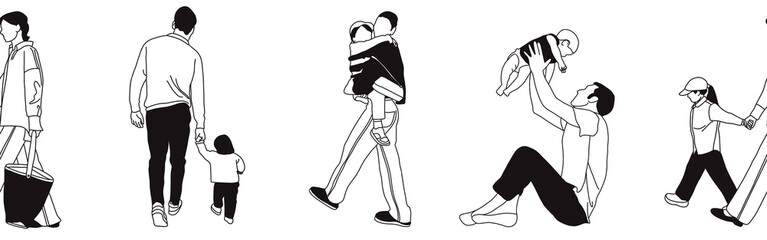 Hand-drawn doodle family border. Outline family clipart. Hand-drawn black art.