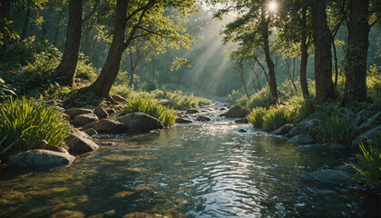 Sunlight streams through the trees, illuminating a tranquil forest creek