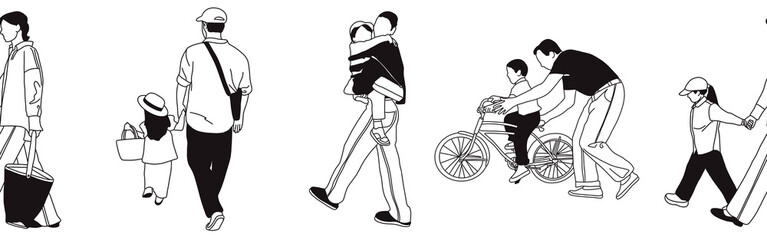 Hand-drawn doodle family border. Outline family clipart. Hand-drawn black art.