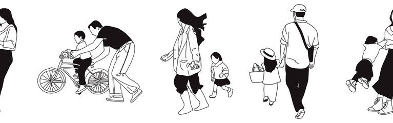 Hand-drawn doodle family border. Outline family clipart. Hand-drawn black art.