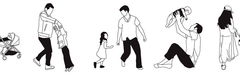 Hand-drawn doodle family border. Outline family clipart. Hand-drawn black art.