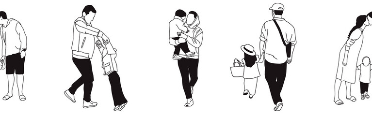 Hand-drawn doodle family border. Outline family clipart. Hand-drawn black art.