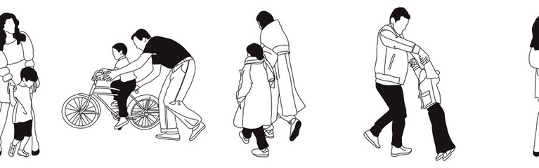 Hand-drawn doodle family border. Outline family clipart. Hand-drawn black art.