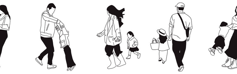 Hand-drawn doodle family border. Outline family clipart. Hand-drawn black art.