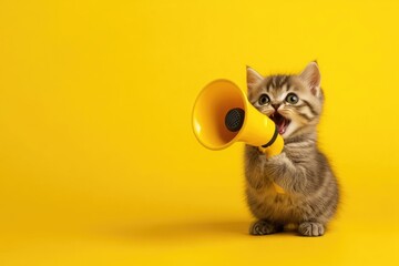 Funny cute kitten with megaphone on yellow background with copy space. Announcement concept, rush, discounts, sales.