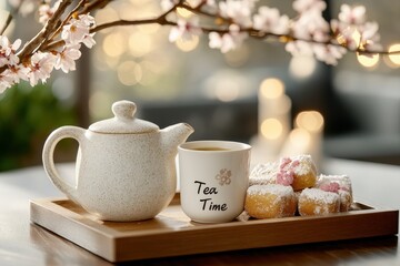 Fototapeta premium An Inviting Tea Time Spread with a Ceramic Teapot, Cup, and Sweet Treats Nestled on a Tray Surrounded by Delicate Cherry Blossoms