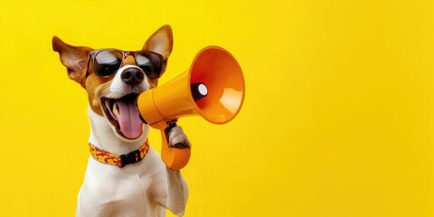 Funny cute dog with megaphone on yellow background with copy space. Announcement, rush, discount, sales concept.