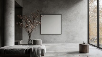 Minimalist living room with an empty frame on the wall, surrounded by withered flowers in a vase. Cozy sofa and subtle decor add a warm touch.