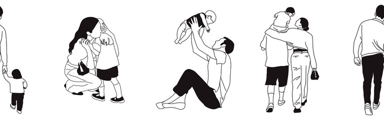 Hand-drawn doodle family border. Outline family clipart. Hand-drawn black art.