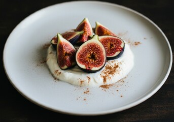 Figs and Yogurt: A simple yet elegant dessert featuring fresh figs arranged on a bed of creamy yogurt, sprinkled with cinnamon.