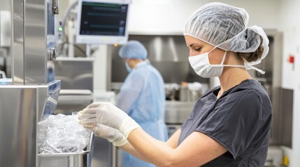 Obraz premium A healthcare worker in protective gear is handling materials in a sterile environment, ensuring cleanliness and safety in a professional setting.