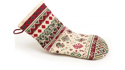 A Charming Christmas Stocking Sock with Delightful Festive Patterns, Standing Isolated on a Pristine White Background. Cheerful Holiday Decoration in a Simple and Clean Setting.