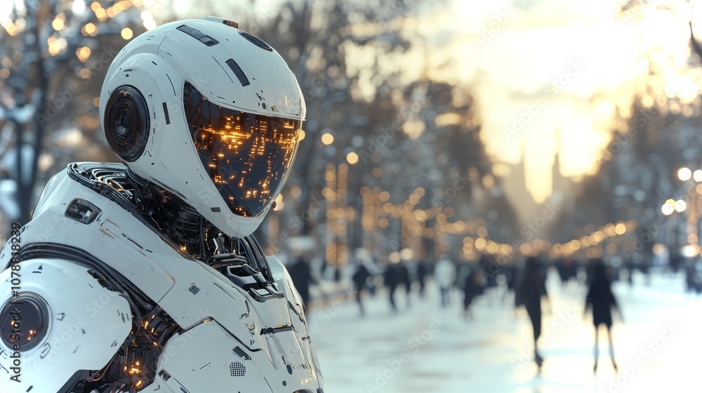 Poster an android swiftly reaching out to catch an object in a bustling urban environment during sunset