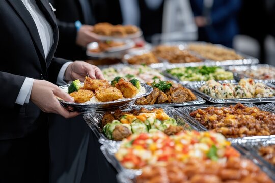 Professional Individual Presenting a Platter of Delicious Food Selections at a Business Event in Front of a Gourmet Buffet Display in Elegantly Arranged Trays