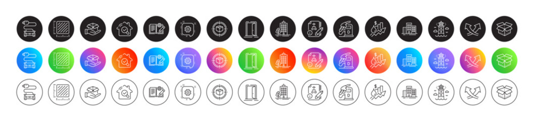 Cogwheel, Rise price and Hold box line icons. Round icon gradient buttons. Pack of Intersection arrows, Engineering documentation, Diesel station icon. Vector