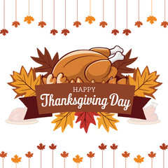 Happy Thanksgiving Day with Turkey and Autumn Leaves Illustration
