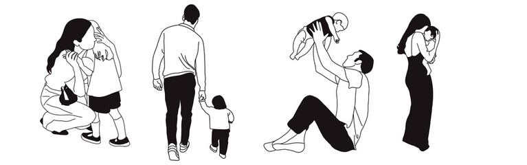 Hand-drawn doodle family icon set. Outline family clipart. Hand-drawn black art.