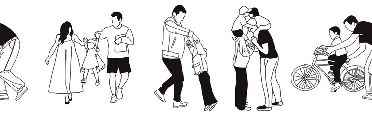 Hand-drawn doodle family border. Outline family clipart. Hand-drawn black art.