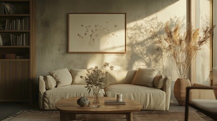 Wall frame mockup in a Scandinavian-style living room, featuring a sofa and a table with withered flowers.