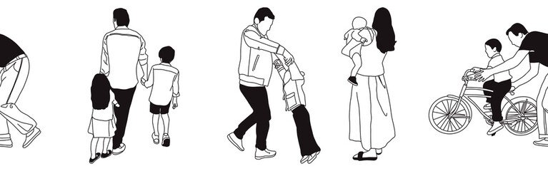 Hand-drawn doodle family border. Outline family clipart. Hand-drawn black art.