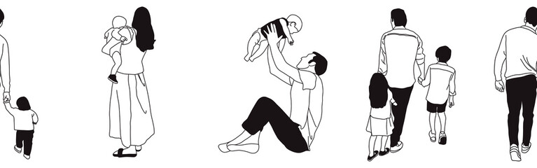 Hand-drawn doodle family border. Outline family clipart. Hand-drawn black art.