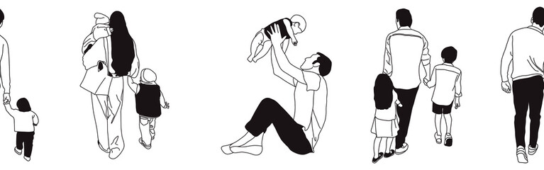 Hand-drawn doodle family border. Outline family clipart. Hand-drawn black art.