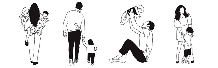 Hand-drawn doodle family icon set. Outline family clipart. Hand-drawn black art.