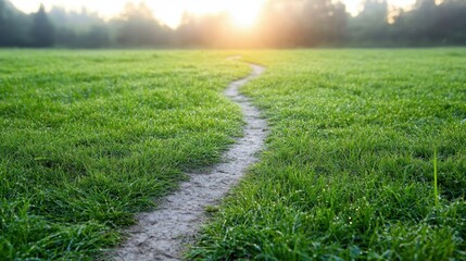 Obraz premium Winding Footpath Through a Foggy Meadow at Dawn with Soft Sunlight Peeking Over the Horizon, Creating a Serene and Tranquil Atmosphere