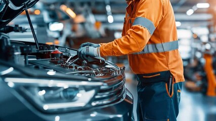 Mechanic working on car engine in auto repair shop. Industrial-grade vehicle maintenance.