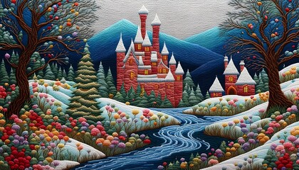 Winter in The Dreamland Winding Stream Snow Embroidery Art Handmade