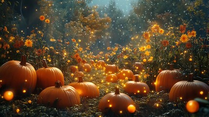 Enchanted Pumpkin Patch:  Autumnal Fantasy Illustration