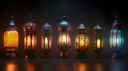 Fototapeta premium Ornate Lanterns Illuminated with Warm Glowing Lights, a 3D Rendered Scene with Intricate Details