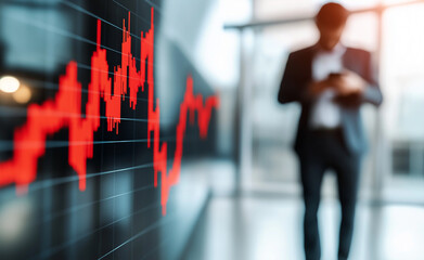Large red stock market screen displaying a downward trend with a blurred businessman in the background checking his phone.