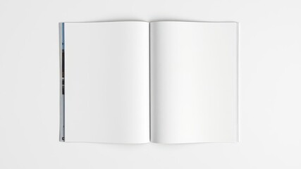 A realistic mockup of an open magazine with blank pages on a white background, pages, spread, advertisement