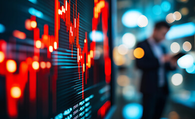 Fototapeta premium Large red stock market screen displaying a downward trend with a blurred businessman in the background checking his phone.