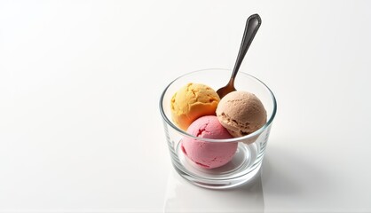 Indulge in colorful scoops of delicious ice cream served in a clear glass bowl with a spoon, perfect for a summer treat