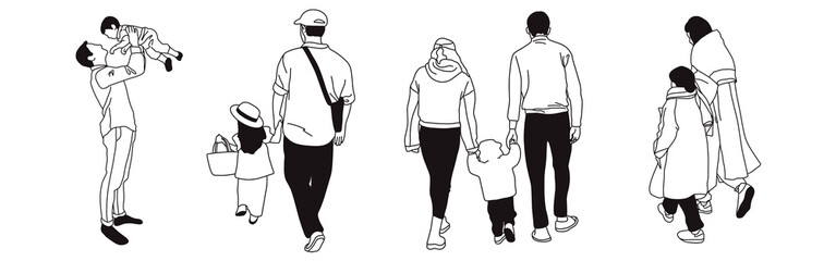 Hand-drawn doodle family icon set. Outline family clipart. Hand-drawn black art.