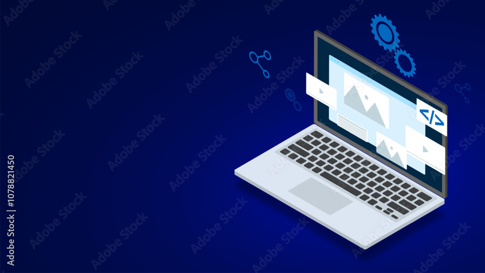 Poster web design or website development with isometric laptop on dark blue background. landing page templa