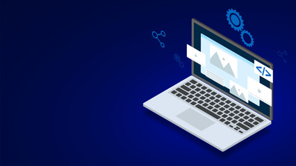 Web design or website development with isometric laptop on dark blue background. Landing page template concept