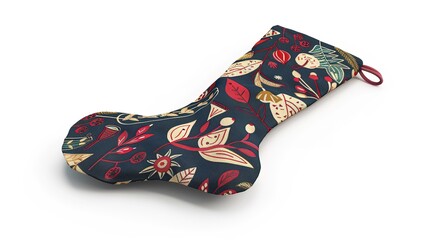 A Charming Christmas Stocking Sock with Delightful Festive Patterns, Standing Isolated on a Pristine White Background. Cheerful Holiday Decoration in a Simple and Clean Setting.